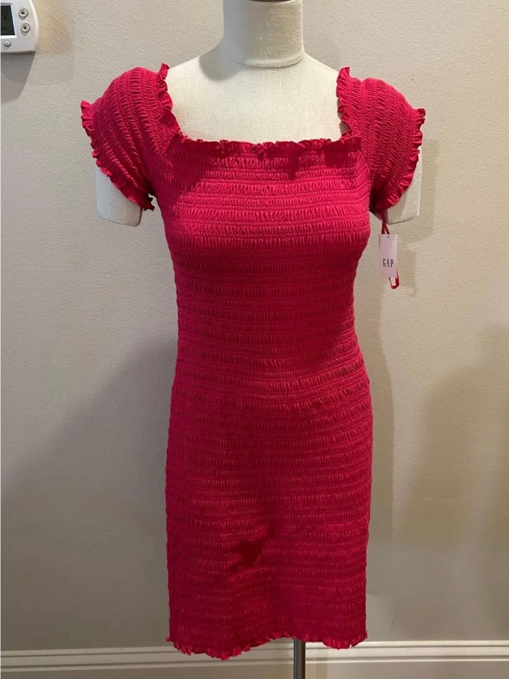 GAP Hot Pink Smocked Square-Neck Mini Dress